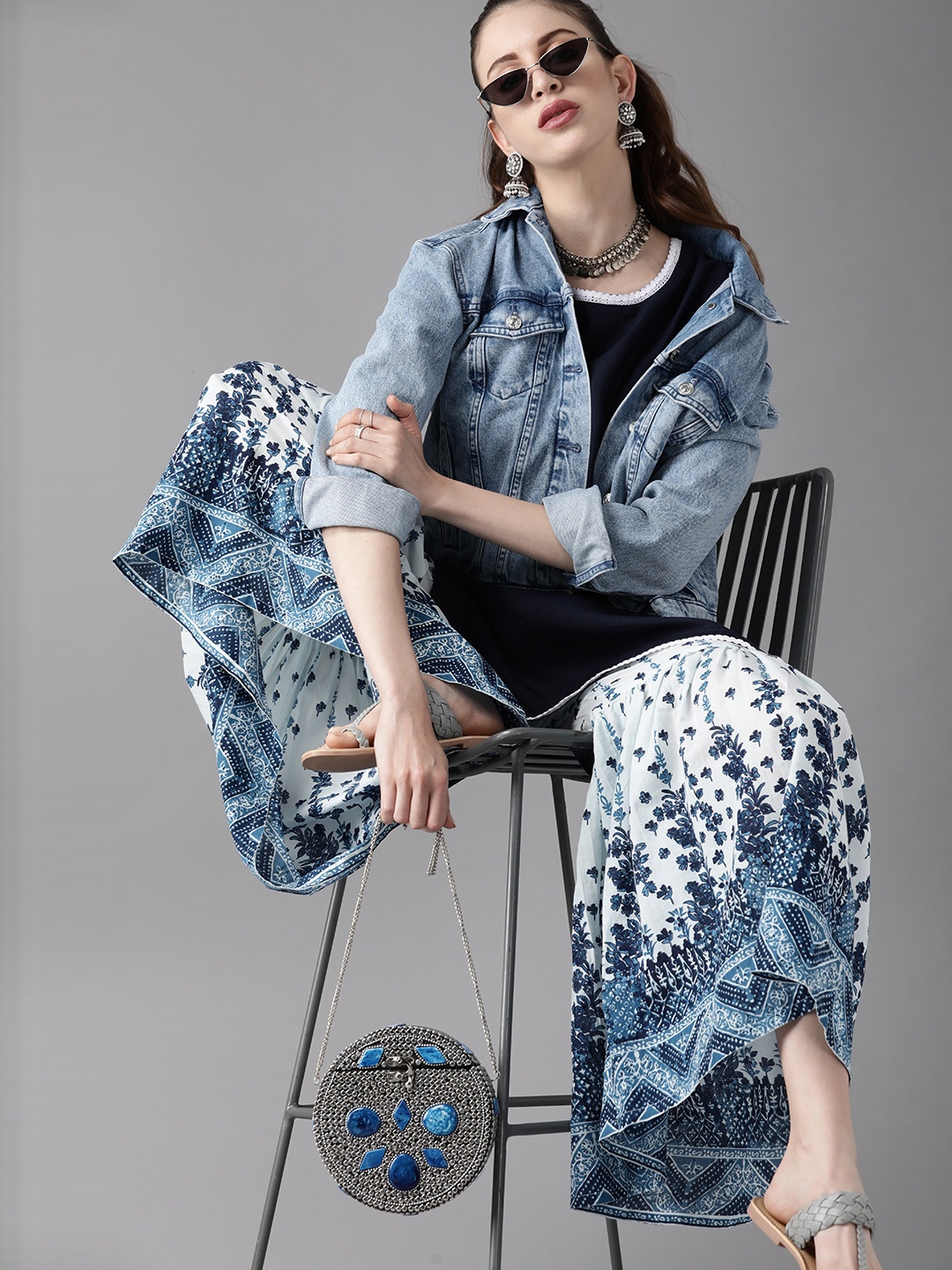 

Indo Era Women Navy Blue & White Solid Kurta with Sharara