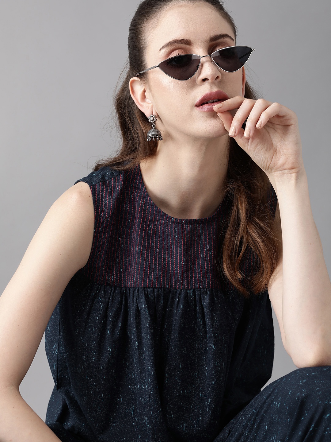 

Indo Era Women Navy Blue Printed Pure Cotton Kurti with Trousers