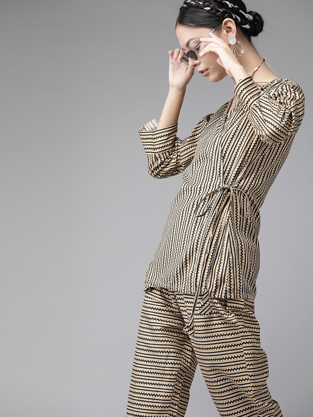 

Indo Era Women Beige & Black Striped Wrap Top with Trousers