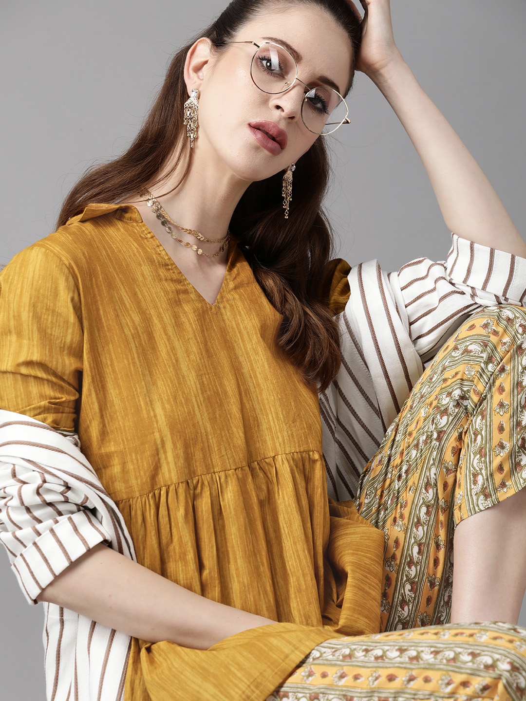 

Indo Era Women Mustard Yelloe & Green Printed Pure Cotton Kurti with Trousers