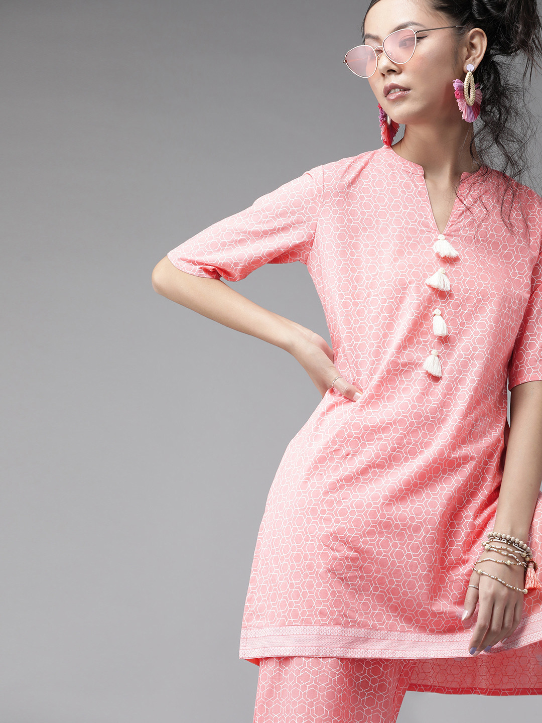 

Indo Era Women Pink & White Printed Kurta with Palazzos