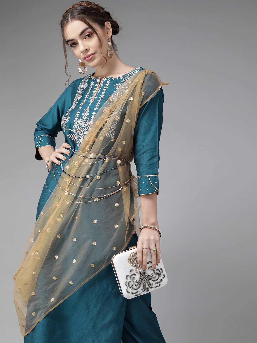 

Varanga Tranquil Teal Yoke Design Kurta Set