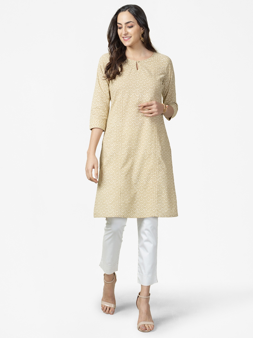 

Fabindia Women Beige & White Pure Cotton Ethnic Motifs Printed Keyhole Neck Kurta