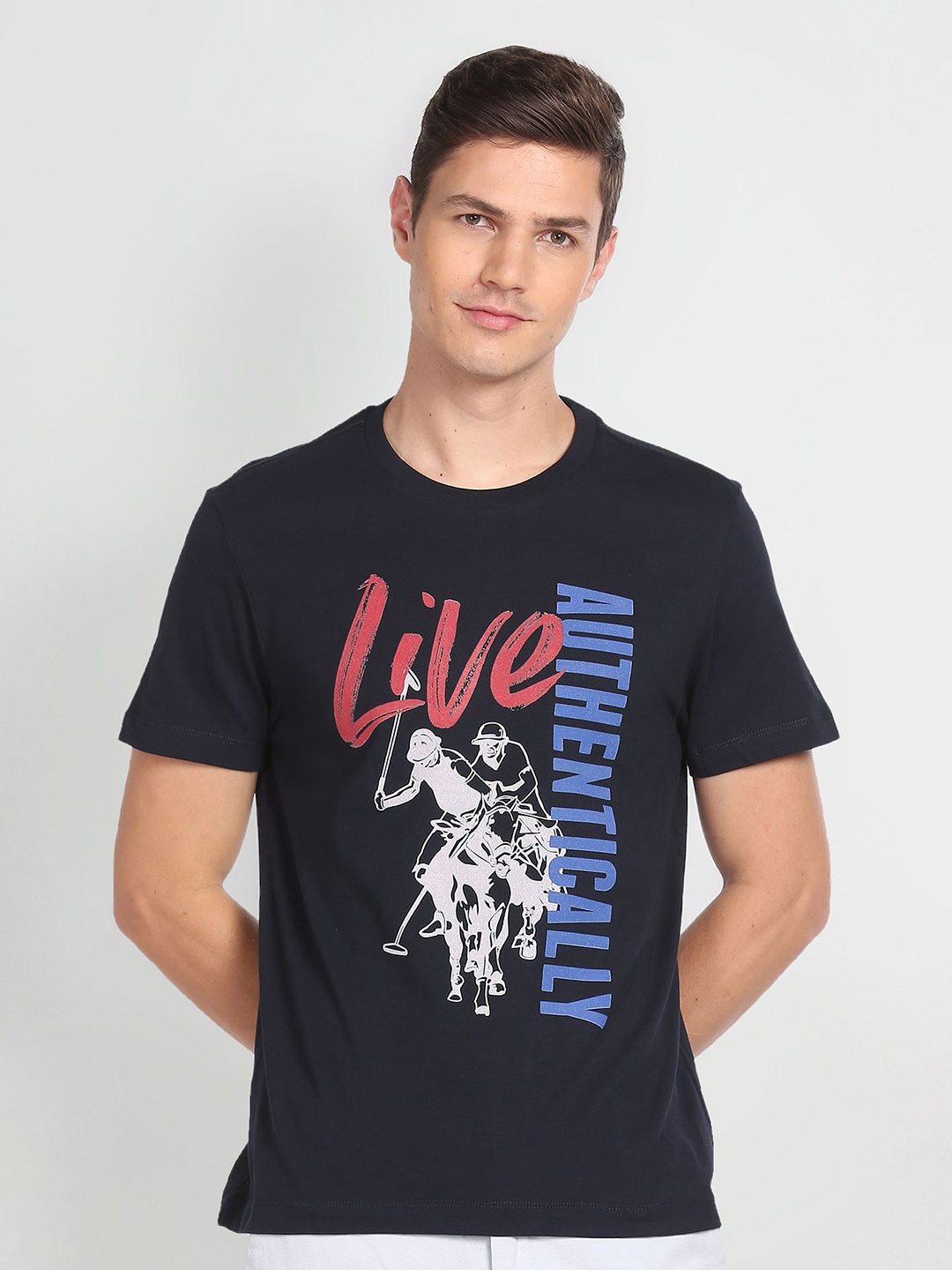 

U.S. Polo Assn. Denim Co. Men Navy Blue & Red Printed Round Neck T-shirt