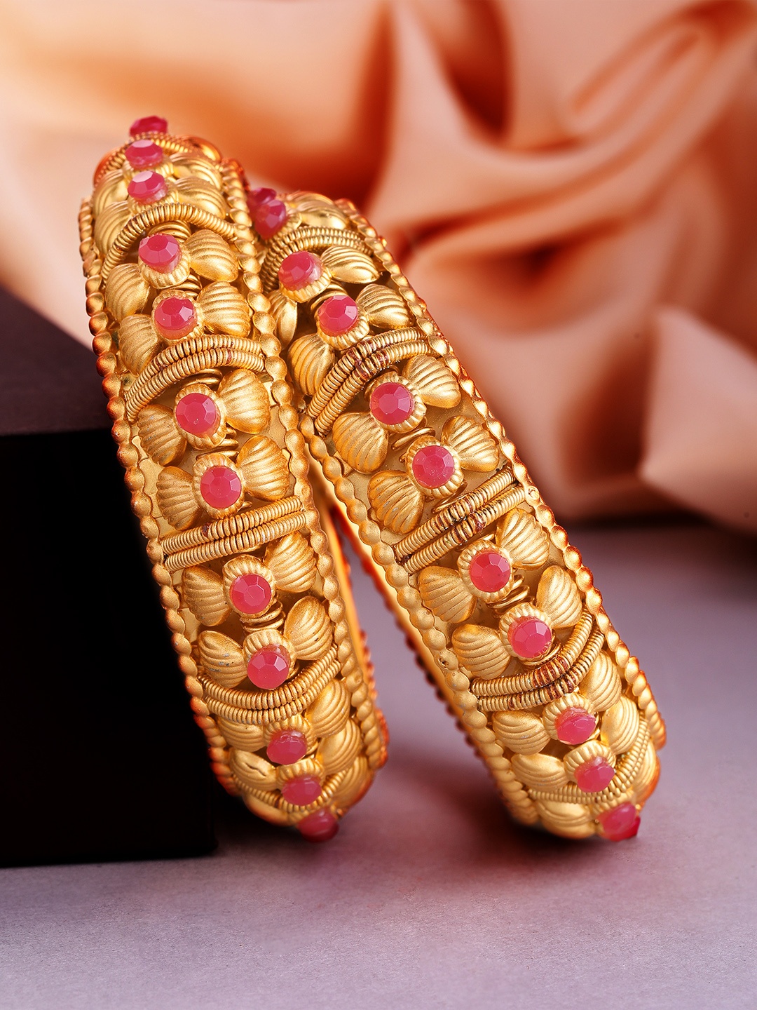 

Rubans Set Of 2 24K Gold-Plated & Red Ruby-Studded Handcrafted Bangles