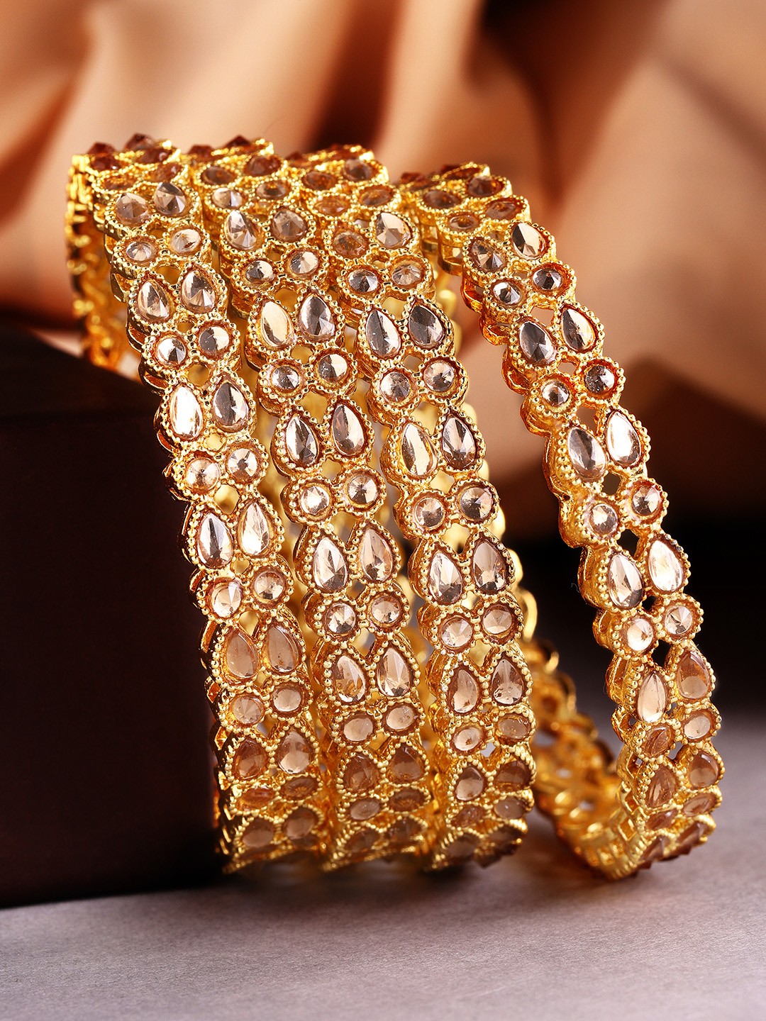 

Rubans Set of 4 24K Gold-Plated Beige Kundan-Studded Handcrafted Bangles