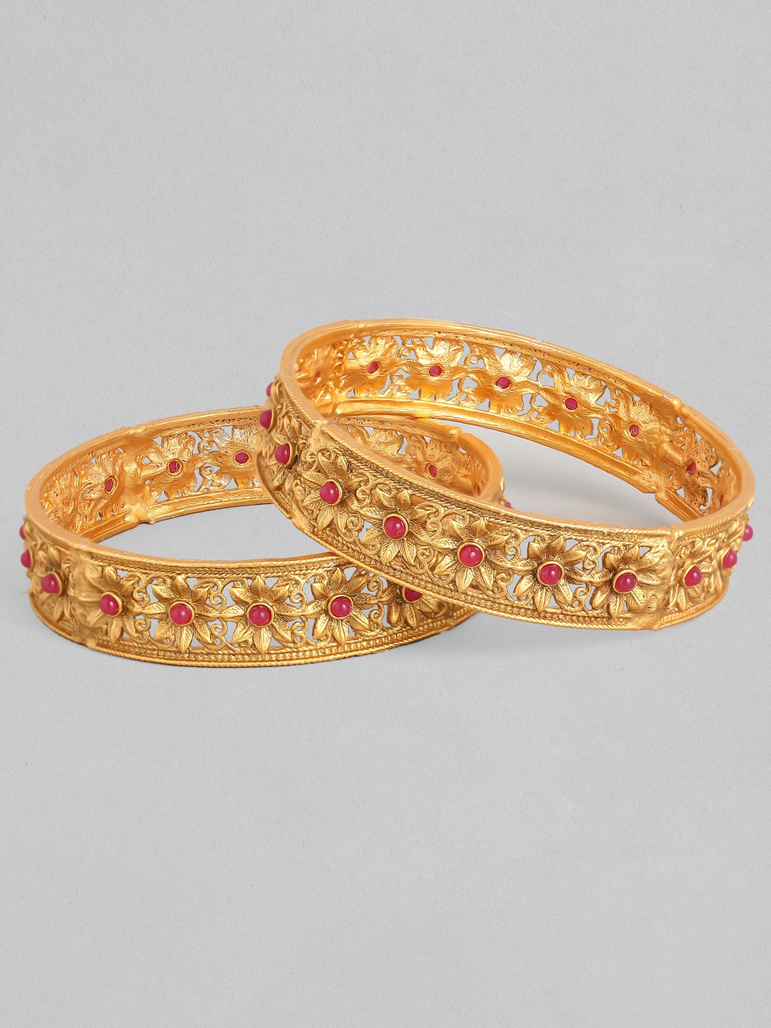 

Rubans Set Of 2 24K Gold-Plated & Red Ruby-Studded Floral Design Handcrafted Bangles