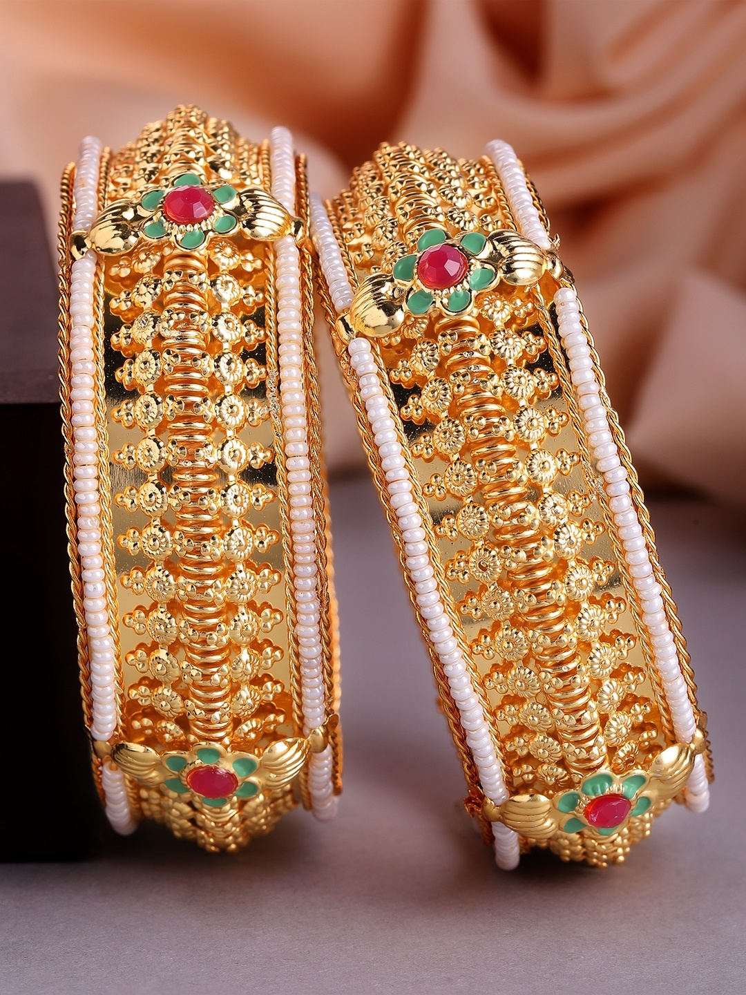 

Rubans Set Of 2 24K Gold-Plated White & Red Stone-Studded Pearl Filigree Handcrafted Bangles