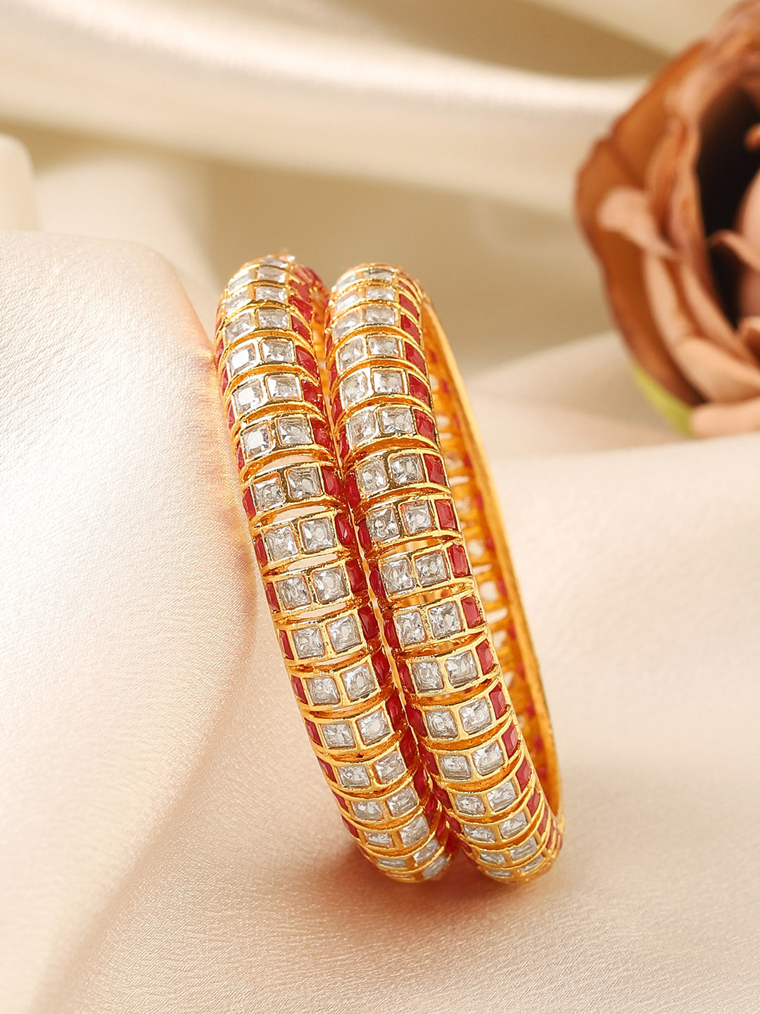 

Rubans Set of 2 24K Gold-Plated Pink & White Kundan-Studded Handcrafted Bangles