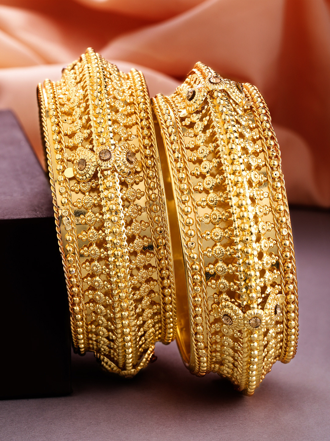 

Rubans Set Of 2 24K Gold-Plated & Beige Stone-Studded Filigree Handcrafted Broad Bangles
