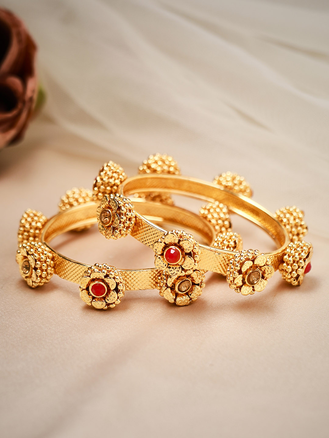 

Rubans Set Of 2 24K Gold-Plated White & Red Ruby-Studded Floral Design Handcrafted Bangles