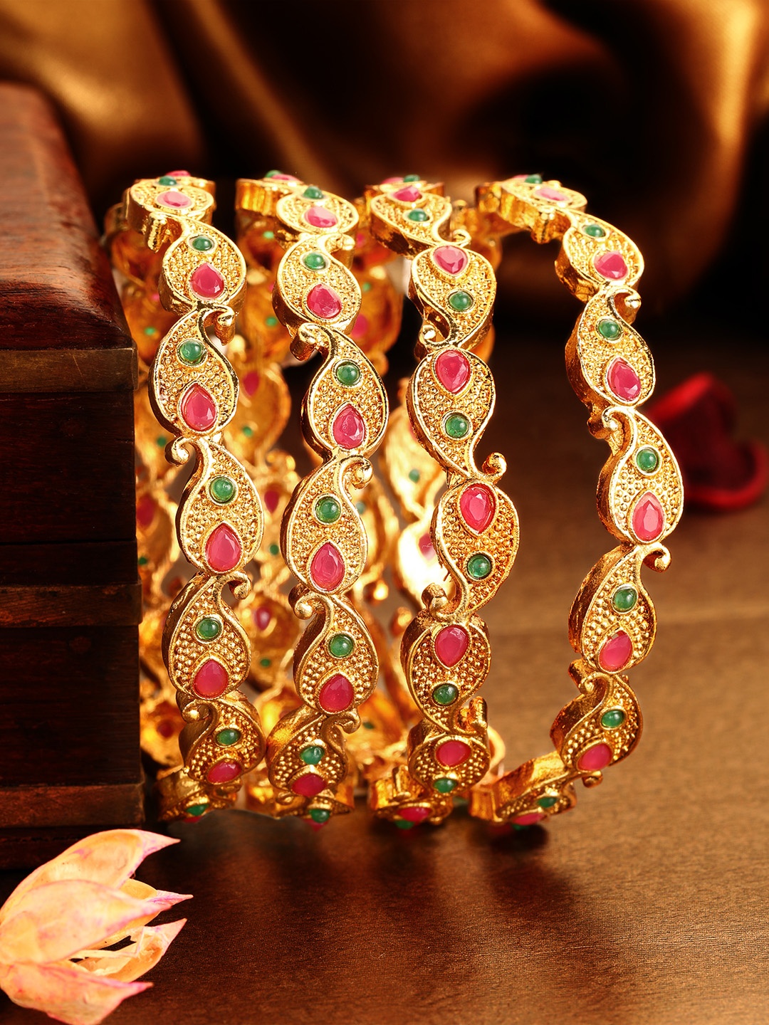 

Rubans Set Of 4 24K Gold-Plated Red & Green Ruby-Studded Filgree Handcrafted Bangles