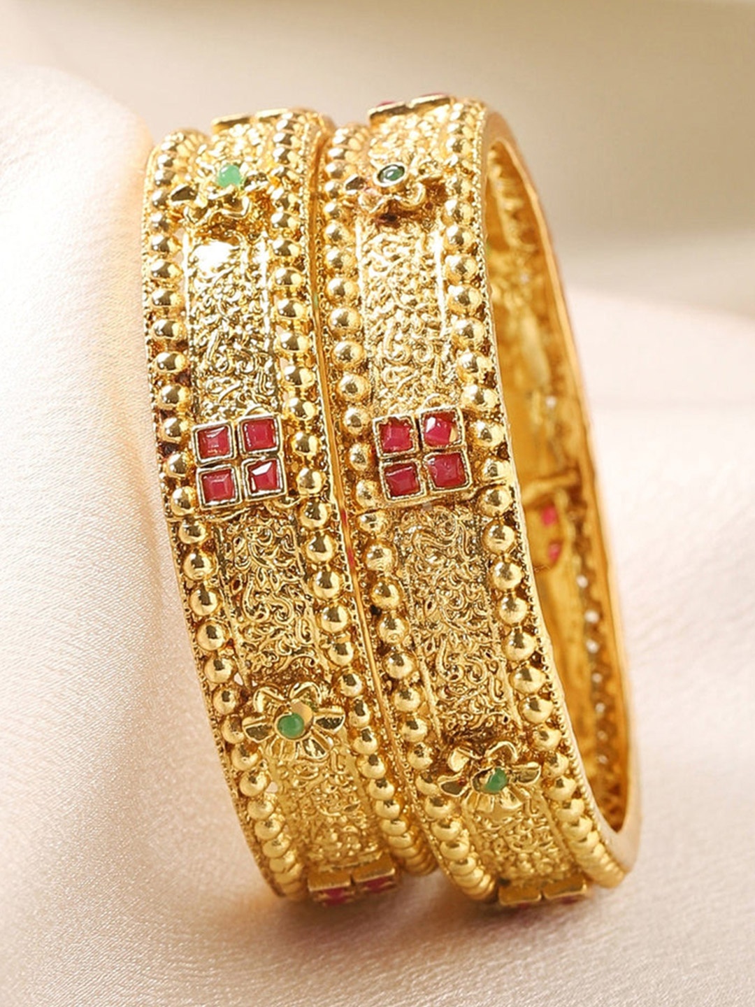 

Rubans Set of 2 24K Gold-Plated Handcrafted Stone Studded Filigree Bangles