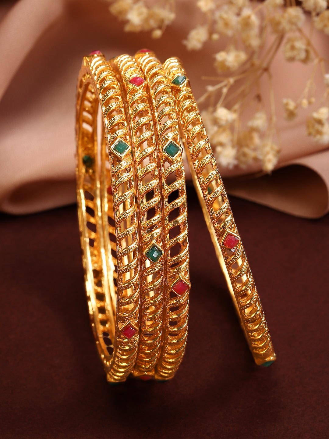 

Rubans Set Of 4 24K Gold-Plated Red & Green Ruby Stone-Studded Filgree Handcrafted Bangles