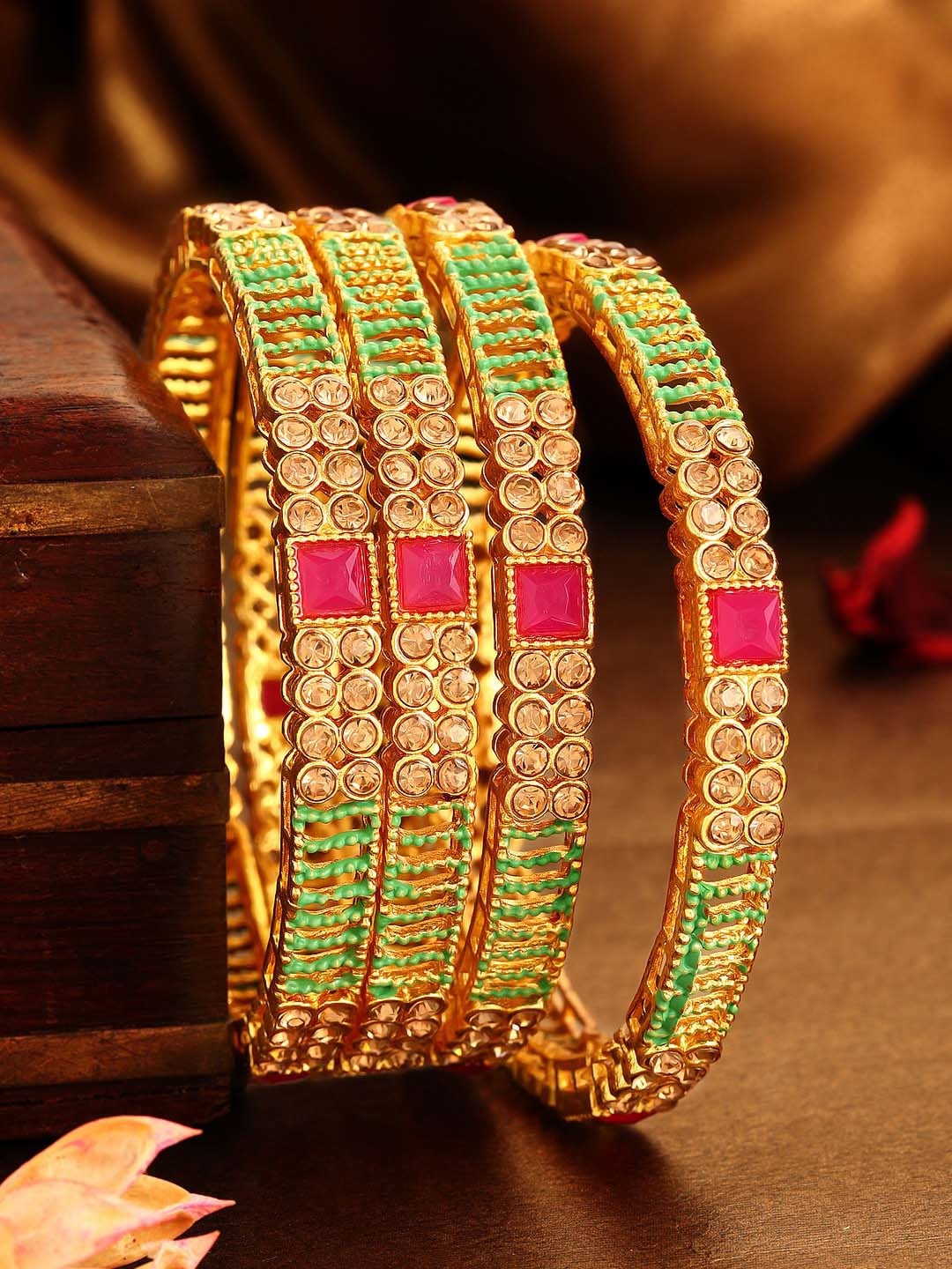 

Rubans Set Of 4 24K Gold-Plated Red & Beige Ruby-Studded Handcrafted Bangles
