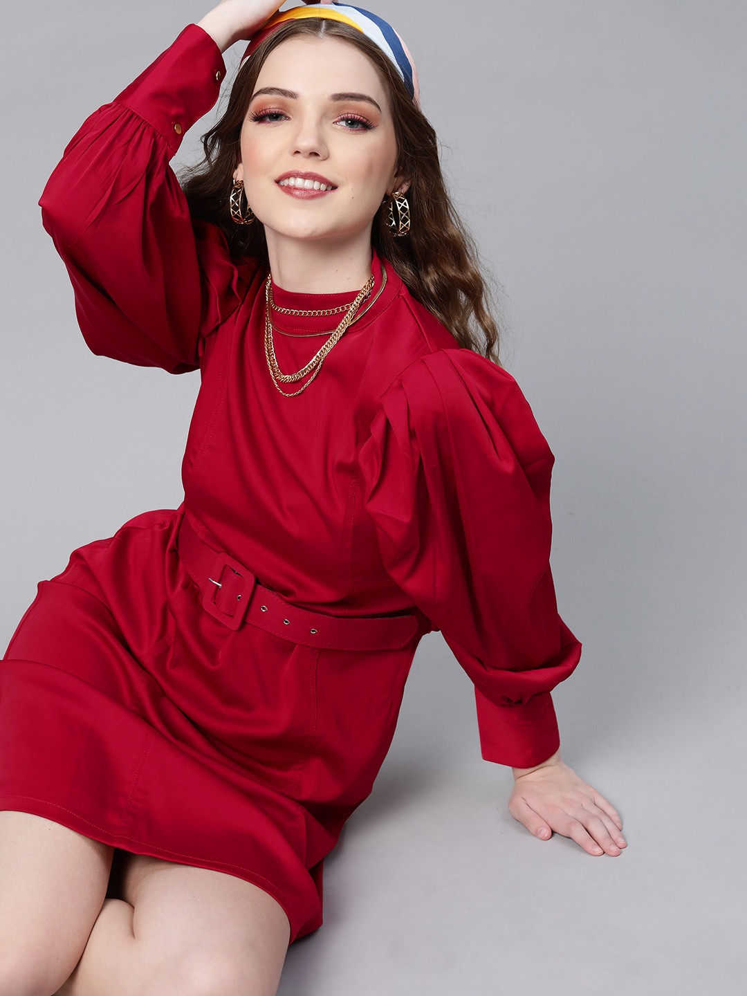 

plusS Trendy Maroon Solid Power Shoulders A-Line Dress