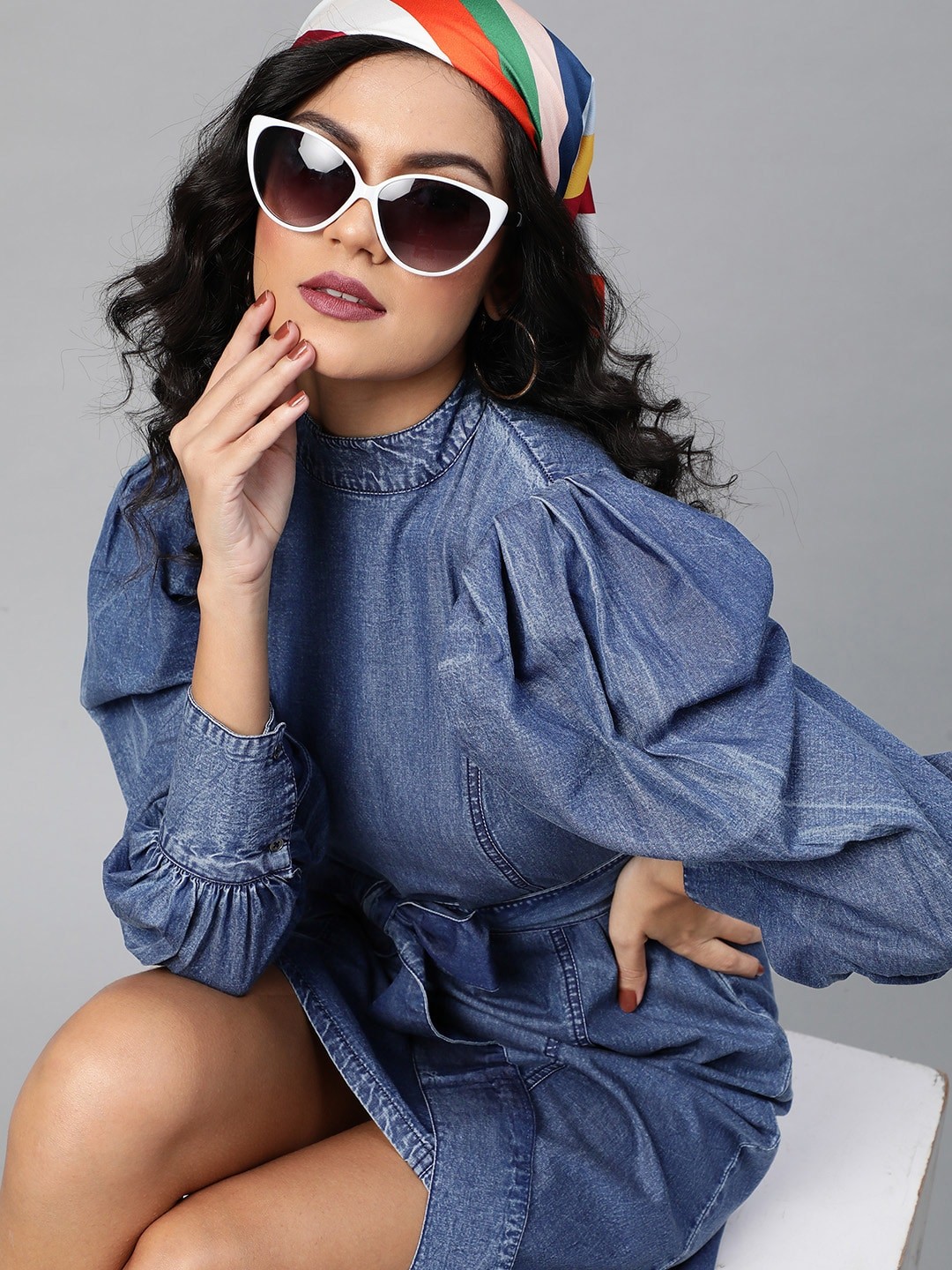 

plusS Denim Blue Solid Power Shoulders A-Line Dress