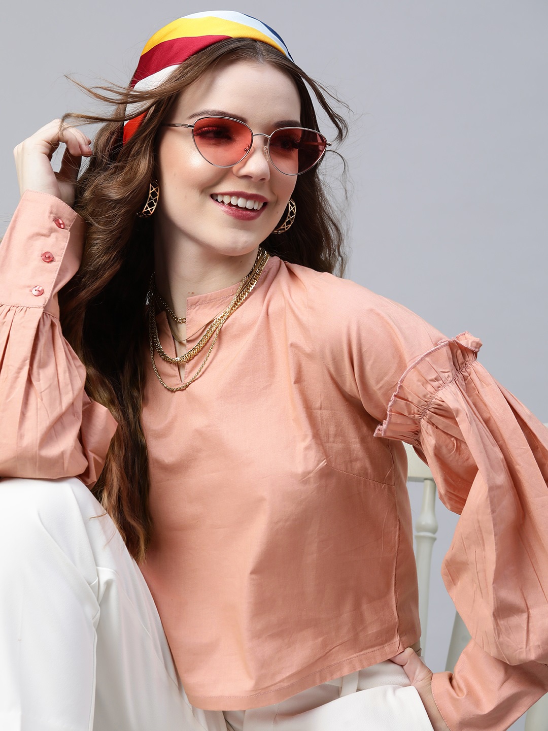 

plusS Dainty Peach Solid Ruched Sleeves Crop Top