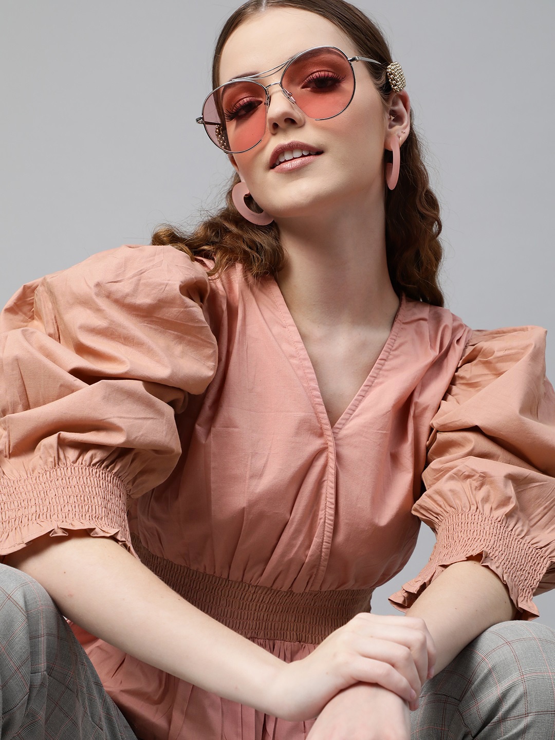 

plusS Peach Solid Power Shoulders Wrap Top