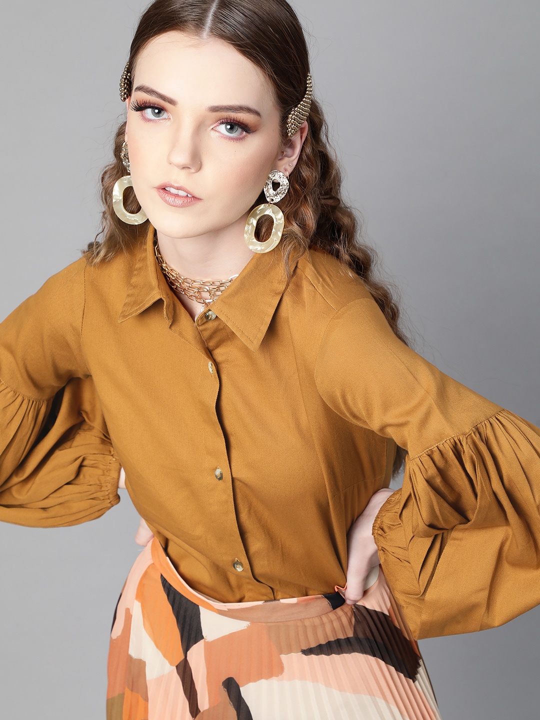 

plusS Classic Mustard Brown Puff Sleeves Shirt