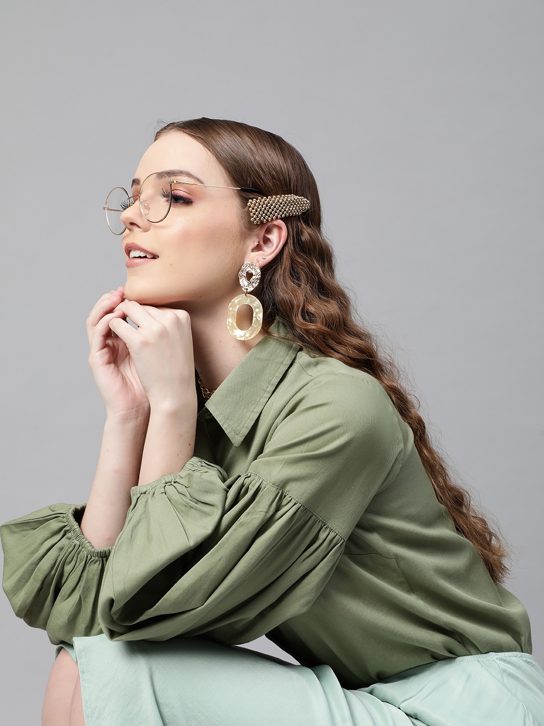 

plusS Gorgeous Green Puff Sleeves Shirt