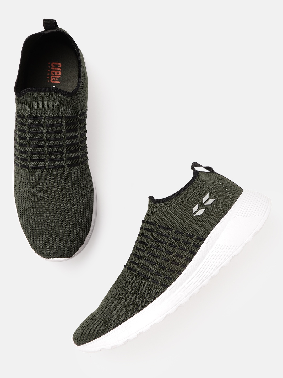 

Crew STREET Men Olive Green & Black Woven Design Slip-On Sneakers