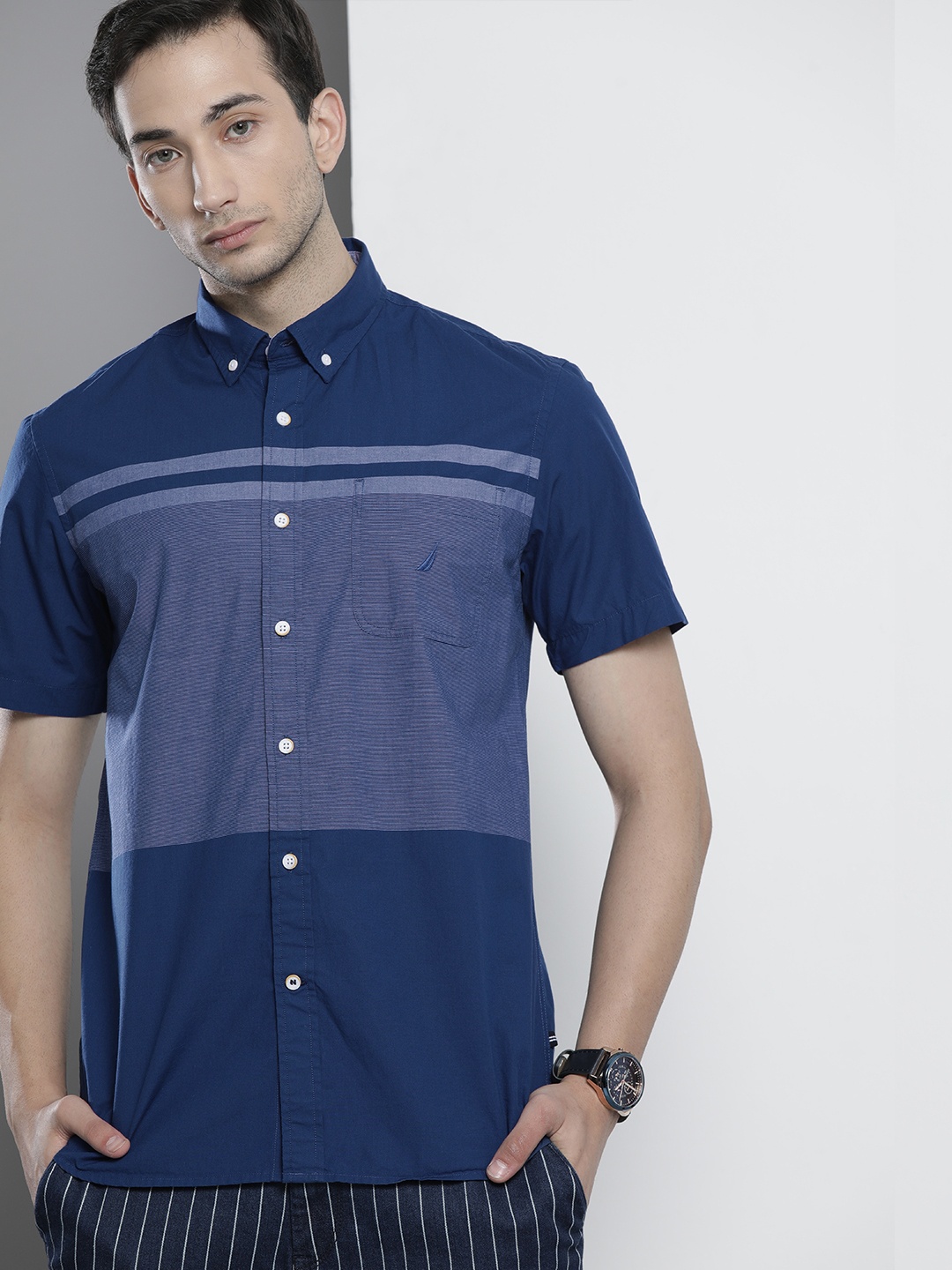 

Nautica Men Navy Blue Slim Fit Horizontal Stripes Casual Shirt
