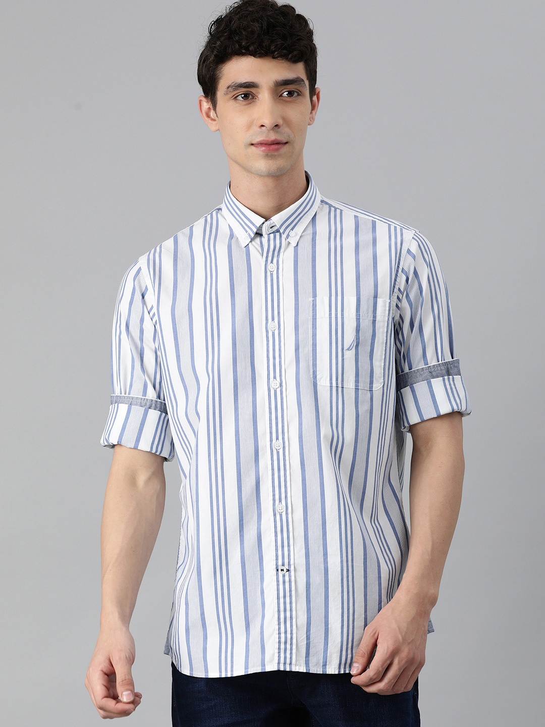 

Nautica Men White & Blue Striped Classic Fit Casual Shirt