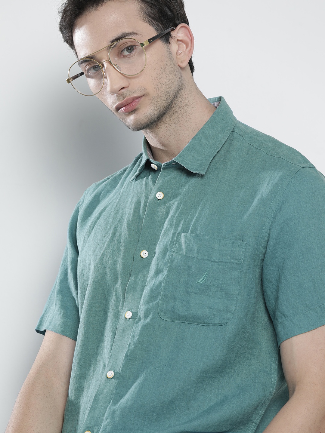 

Nautica Men Green Casual Classic Fit Linen Shirt