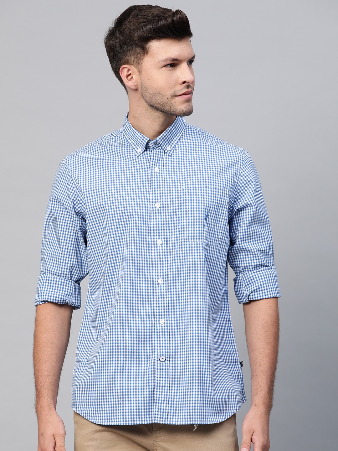 

Nautica Men Blue & White Grid Tattersall Checked Knitted Casual Shirt