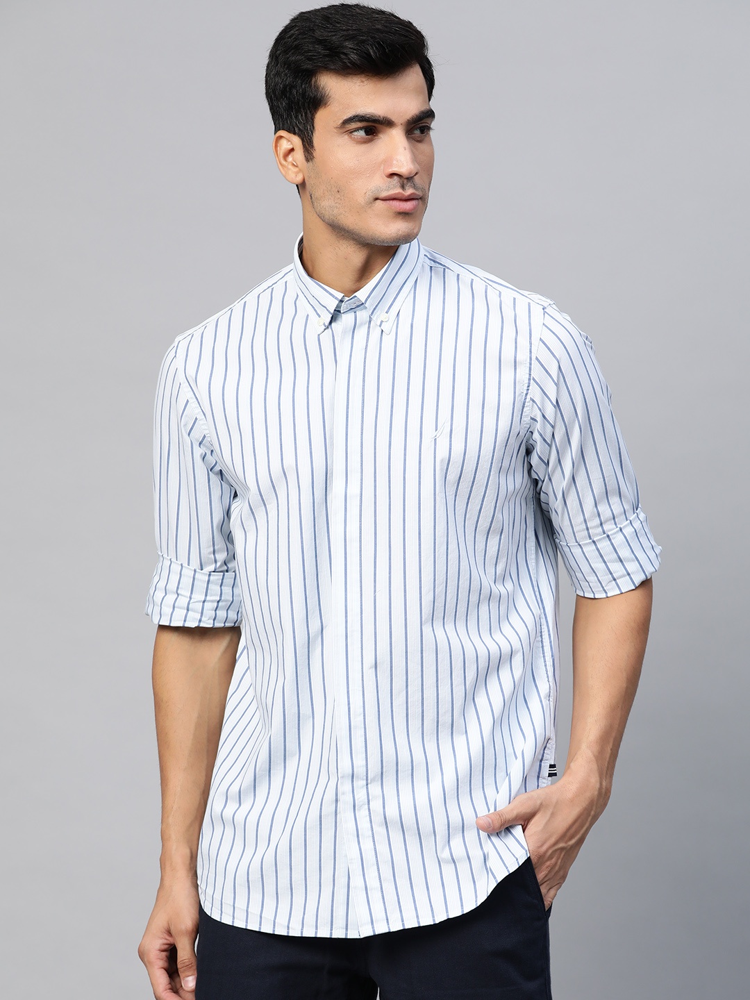 

Nautica Men White & Blue Striped Knitted Casual Shirt