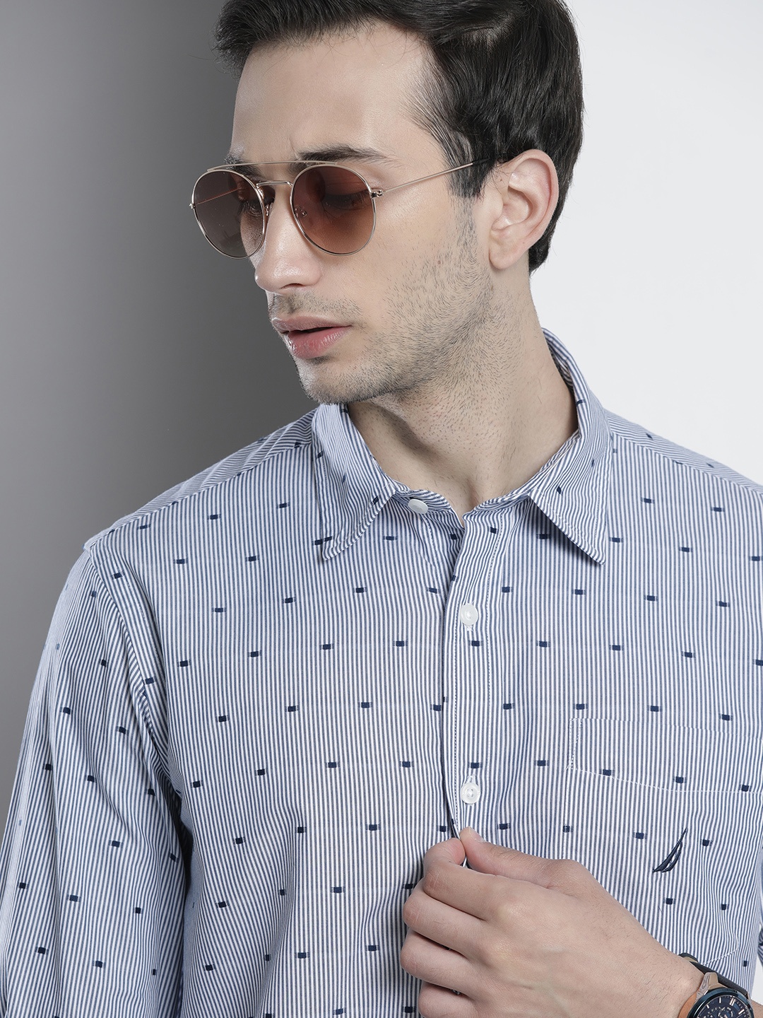 

Nautica Men Blue & White Striped Classic Fit Casual Shirt