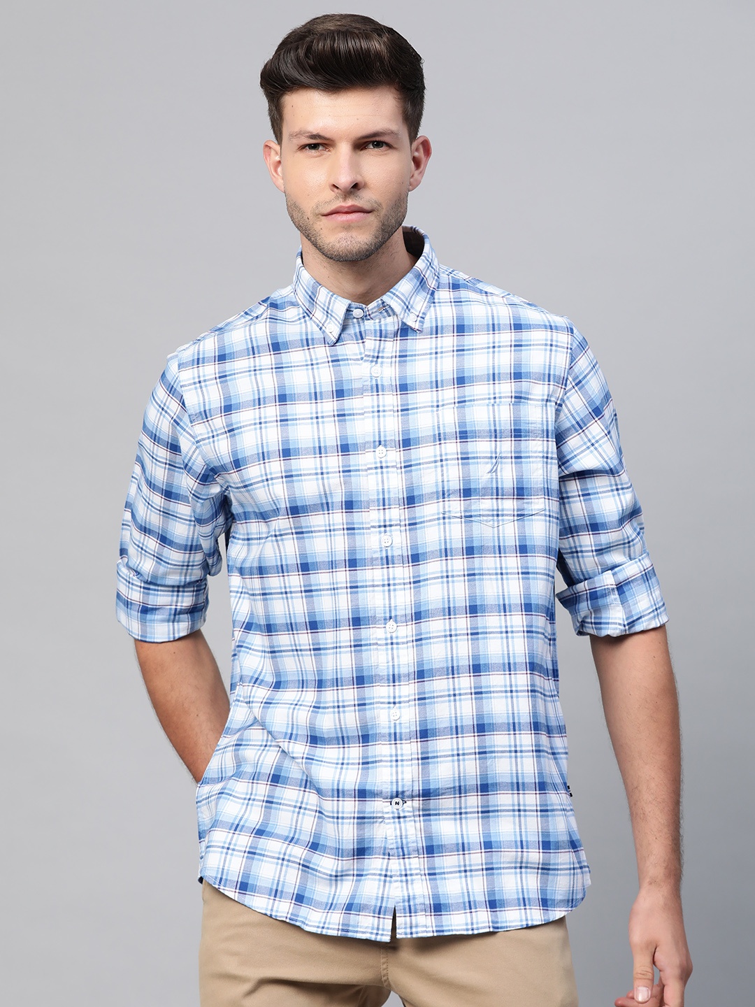 

Nautica Men Blue & White Checked Classic Fit Casual Shirt