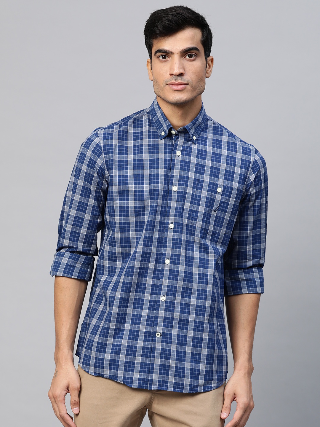 

Nautica Men Blue & Grey Checked Classic Fit Casual Shirt