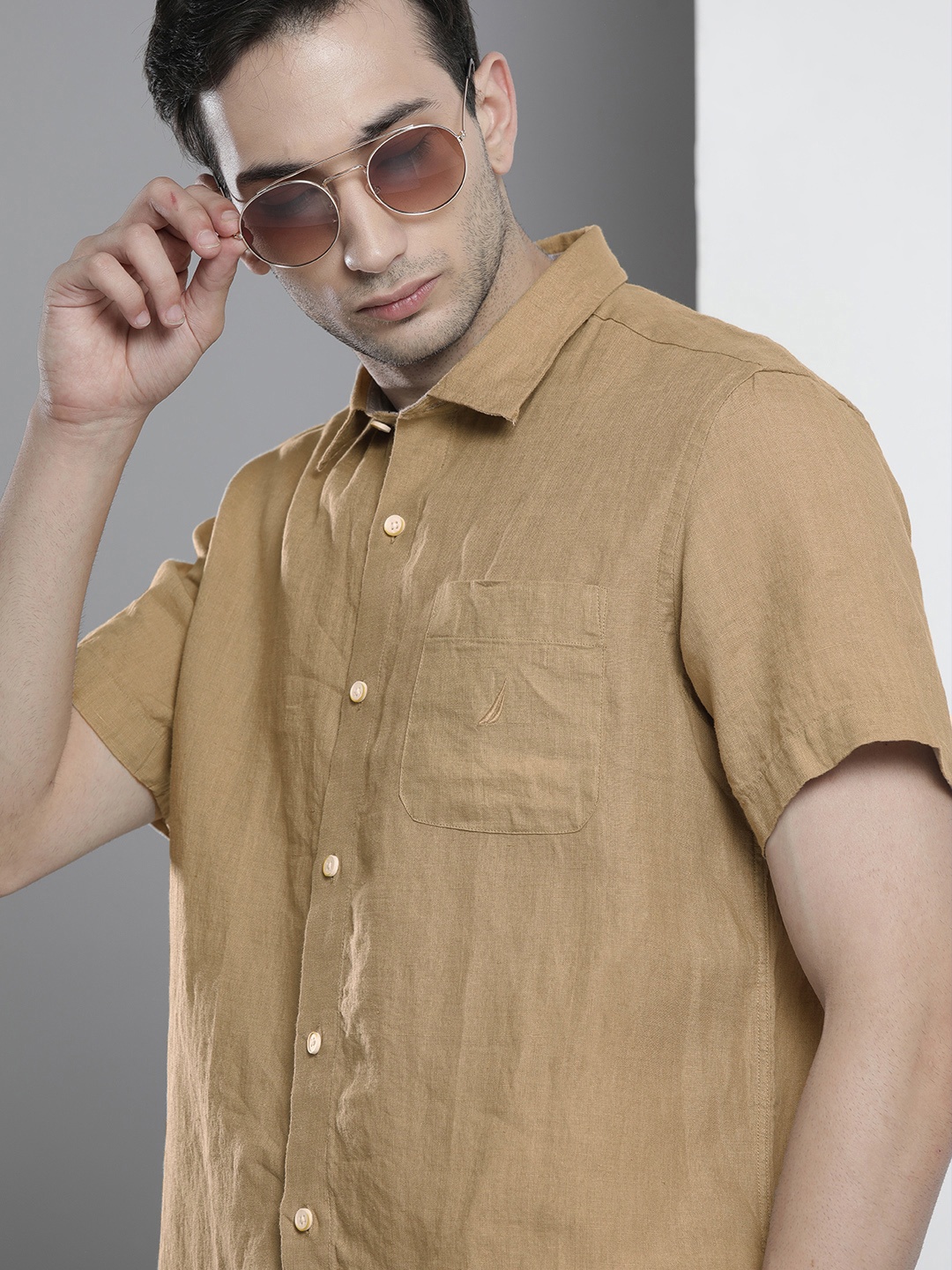 

Nautica Men Khaki Classic Fit Casual Pure Linen Shirt