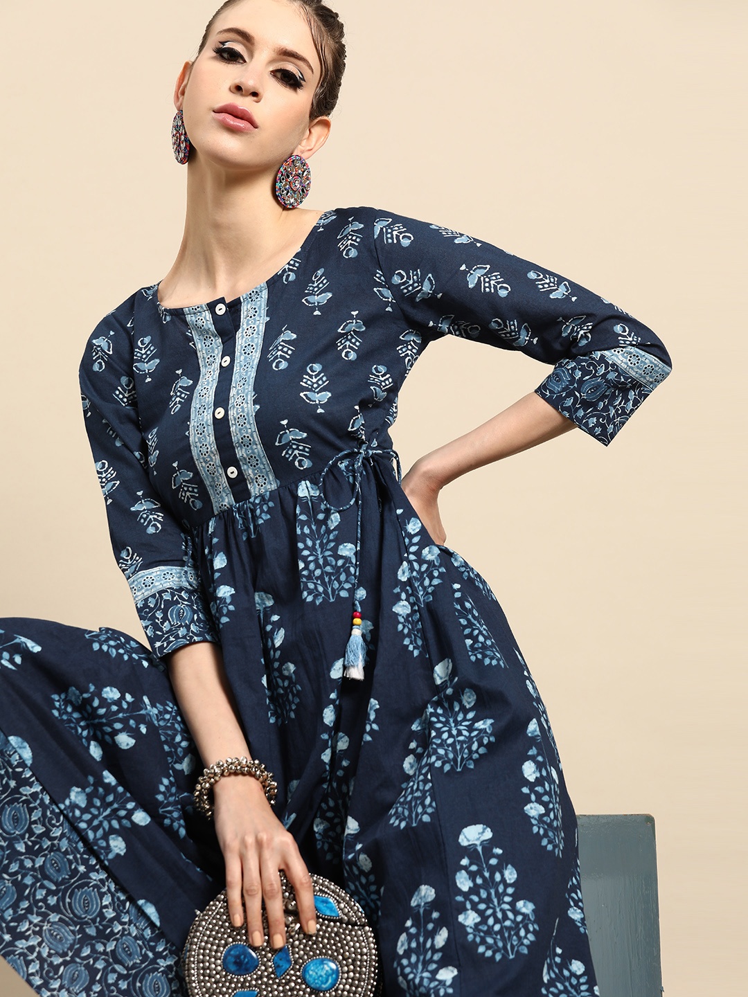 

RANGMAYEE Women Navy Blue & White Ethnic Motifs Printed Indigo A-Line Kurta
