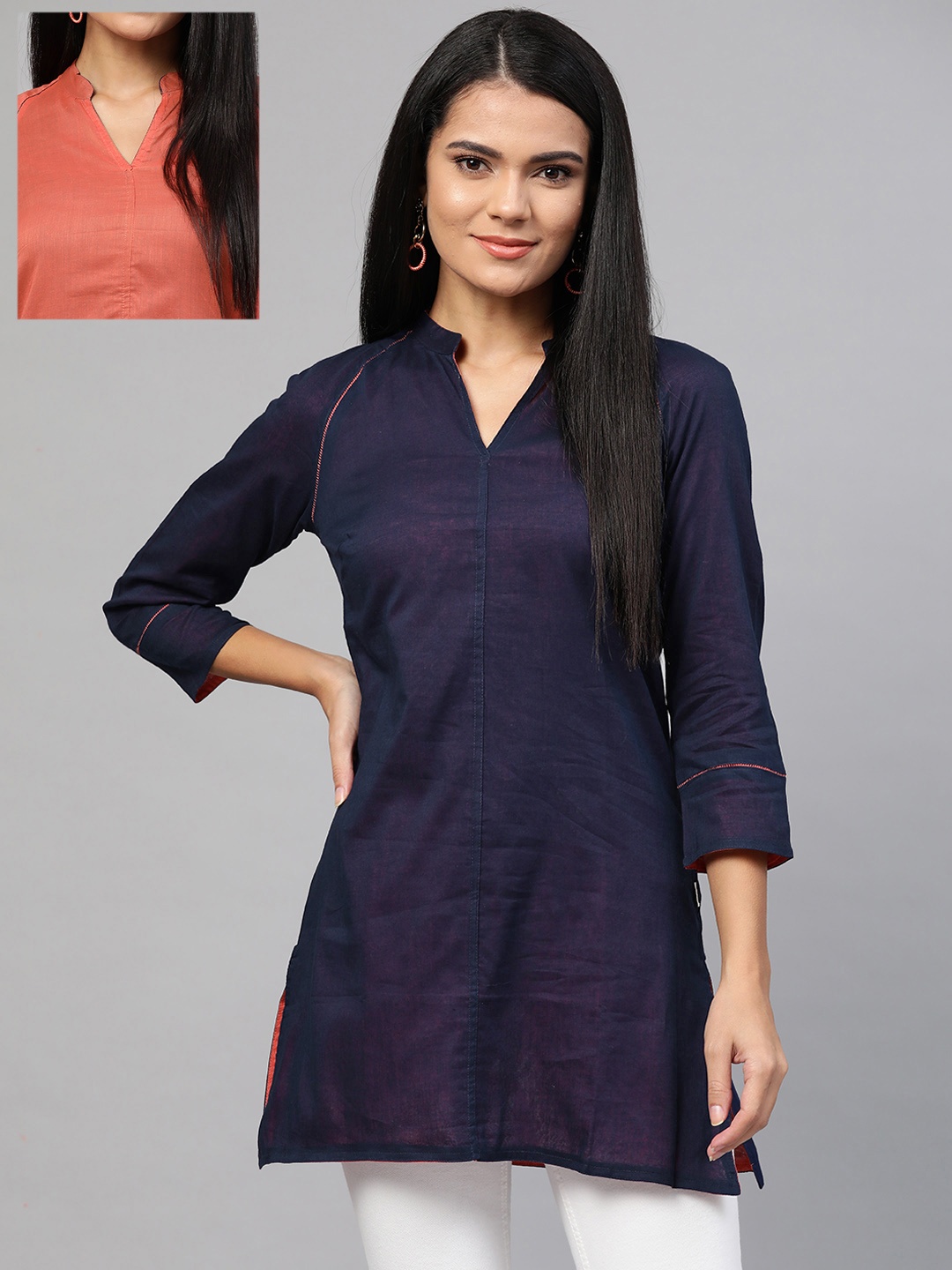 

Fabindia Women Navy Blue & Peach-Coloured Pure Cotton Reversible Tunic