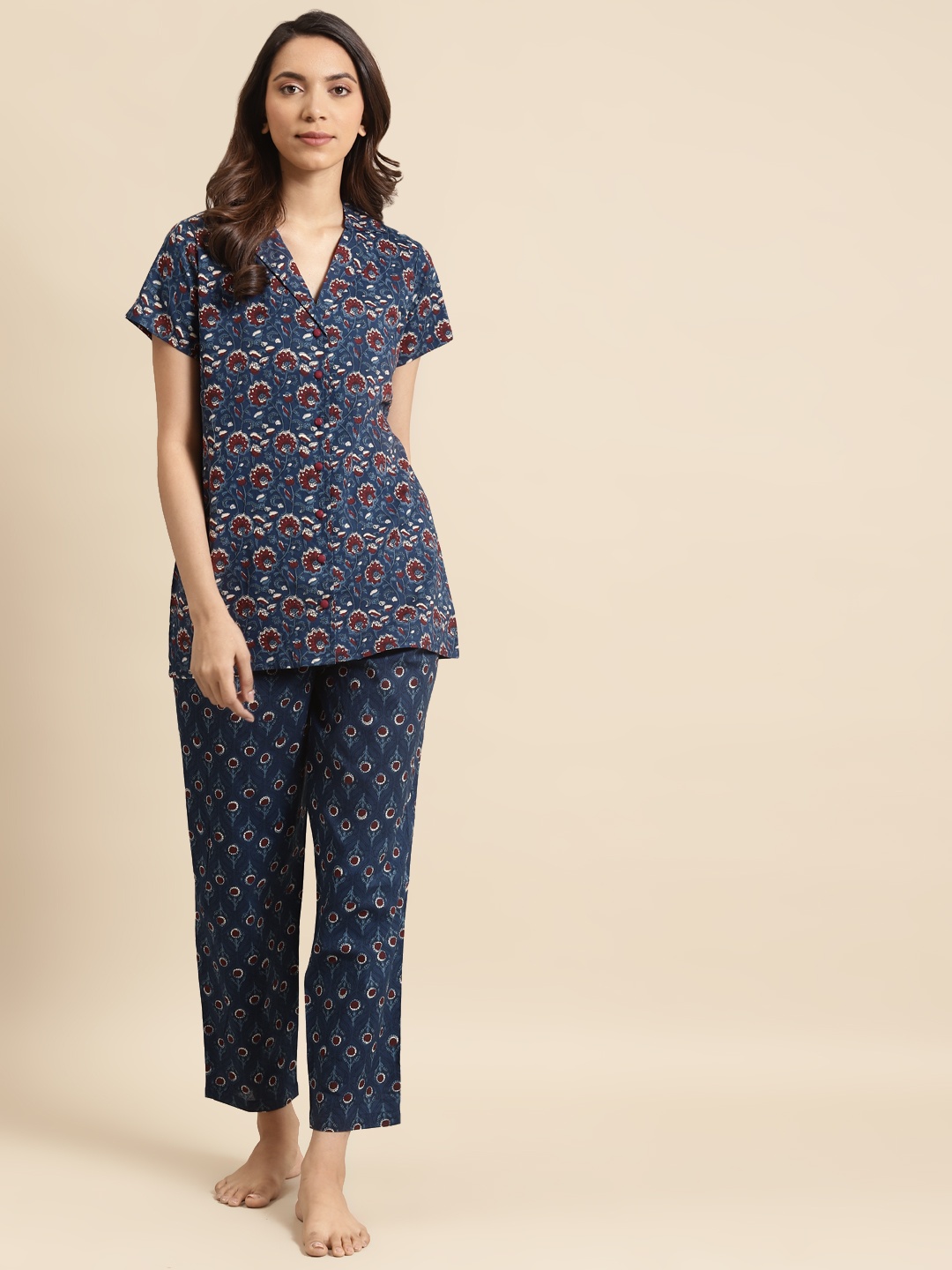 

Nayo Women Navy Blue & Maroon Printed Night suit