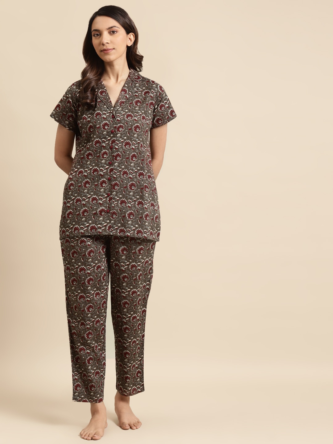 

Nayo Women Brown & Maroon Pure Cotton Printed Night Suit