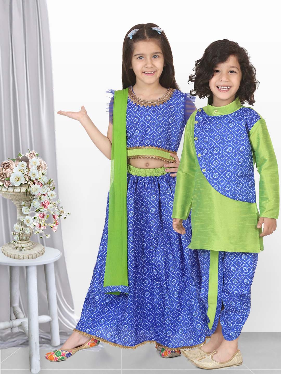 

BownBee Girls Blue & Green Printed Ready to Wear Lehenga & Blouse with Dupatta