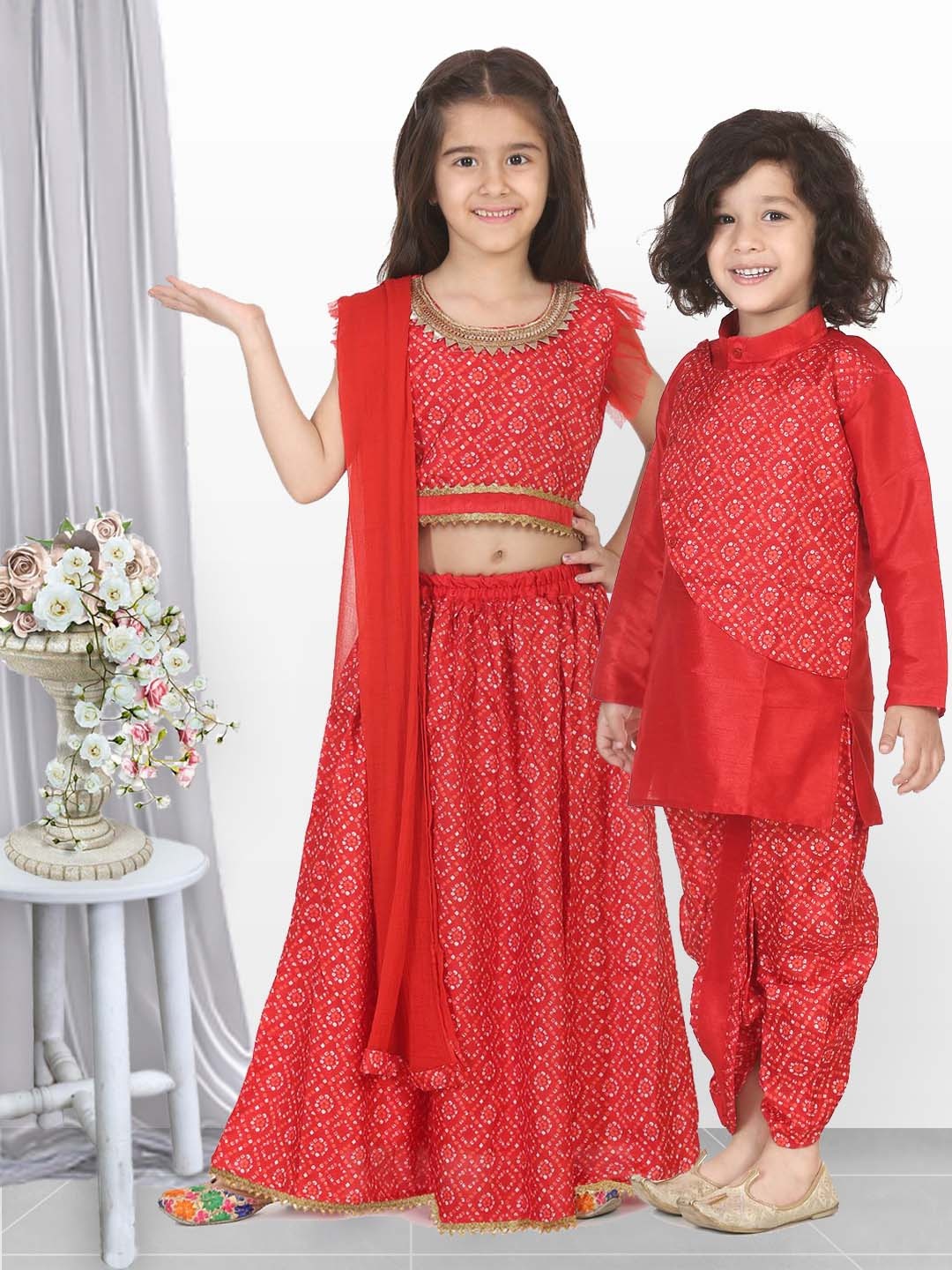 

BownBee Girls Red & Gold-Toned Embellished Ready to Wear Lehenga & Blouse with Dupatta