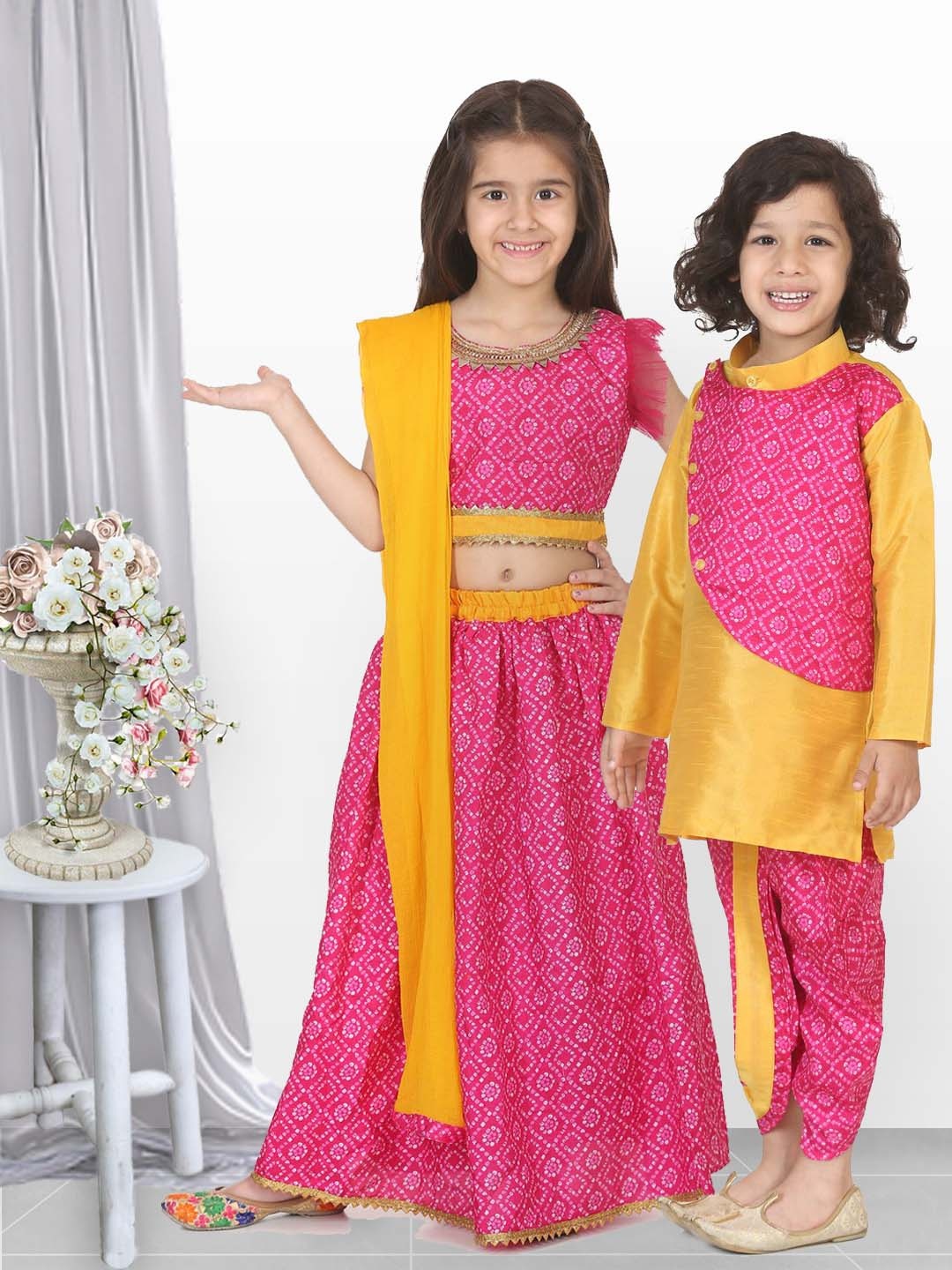 

BownBee Girls Pink & Yellow Dyed Ready to Wear Lehenga & Blouse with Dupatta