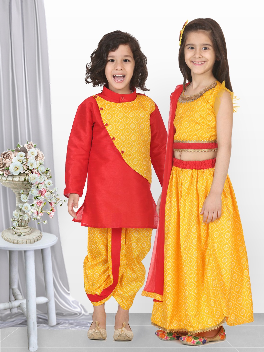 

BownBee Girls Yellow & Red Embellished Ready to Wear Lehenga & Blouse with Dupatta
