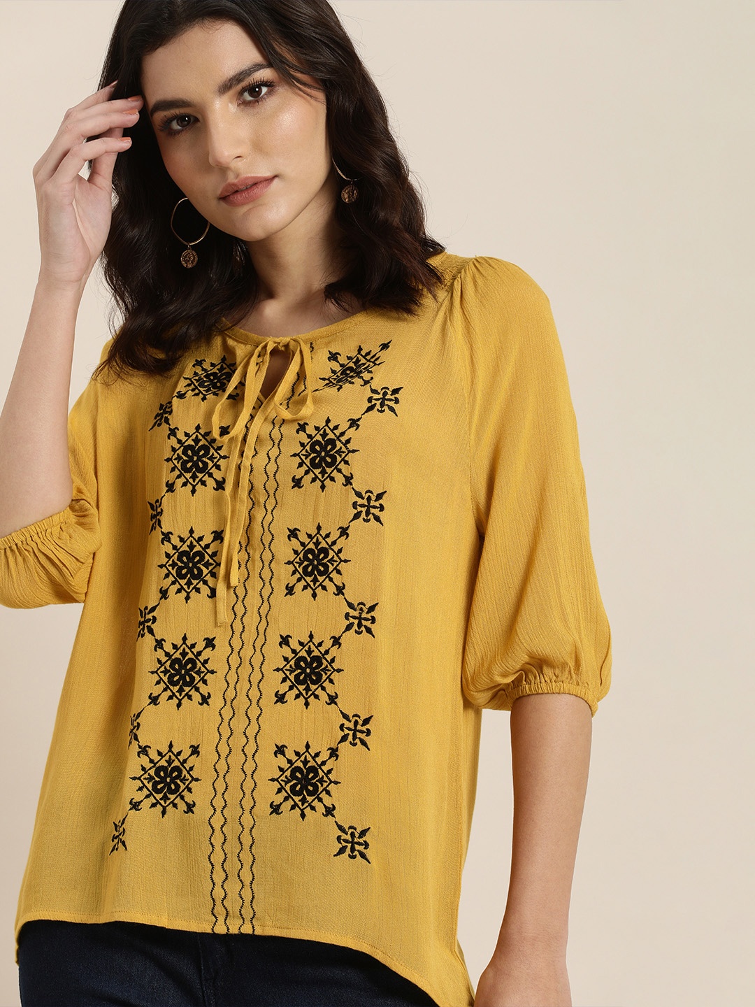 

all about you Yellow & Black Embroidered Tie-Up Neck Blouson Top