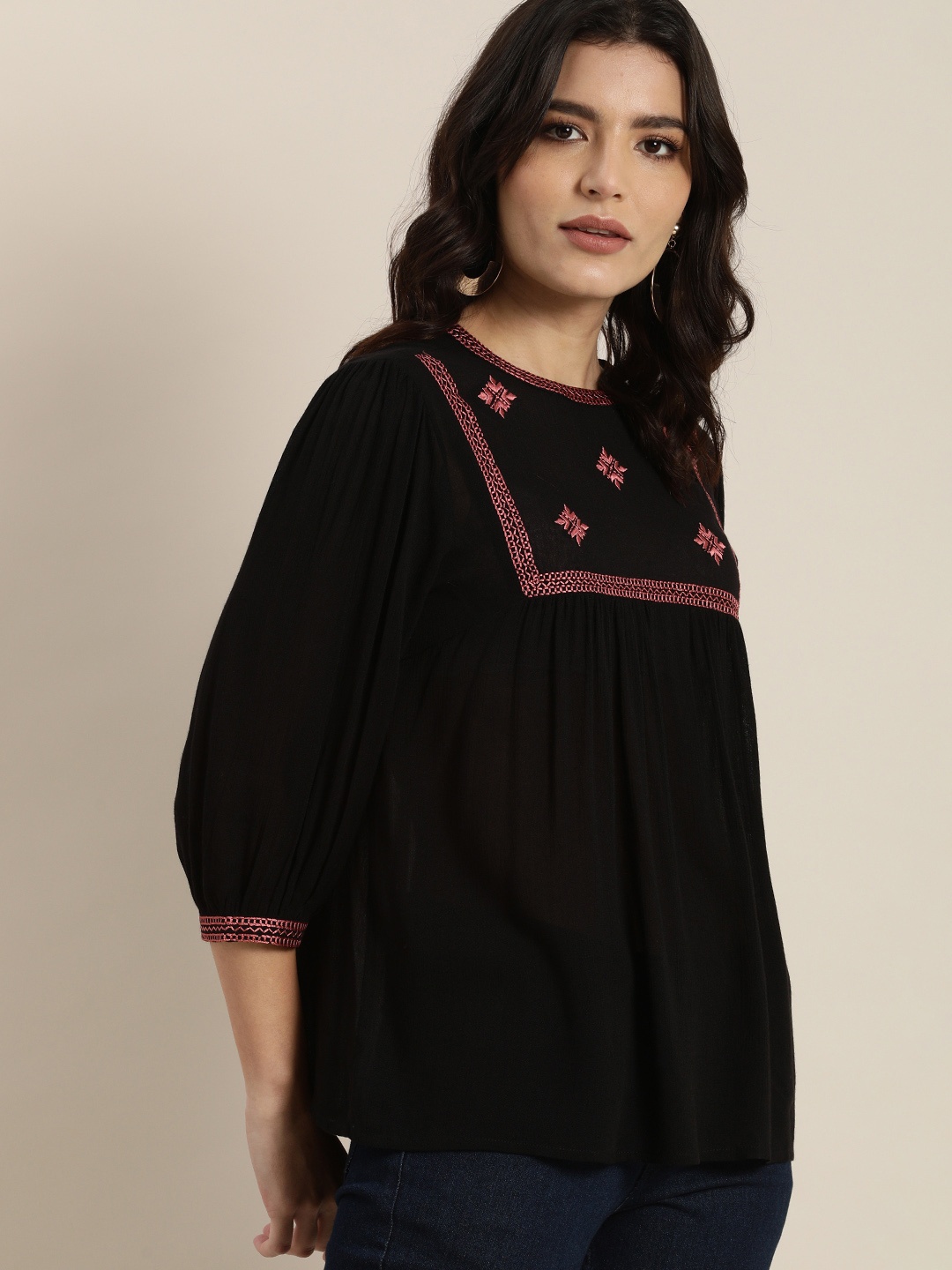 

all about you Black & Pink Embroidered Blouson Top