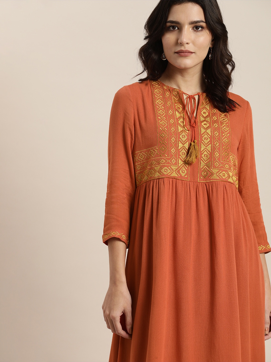 

all about you Rust Orange Yoke Embroidered Tie-Up Neck A-Line Dress