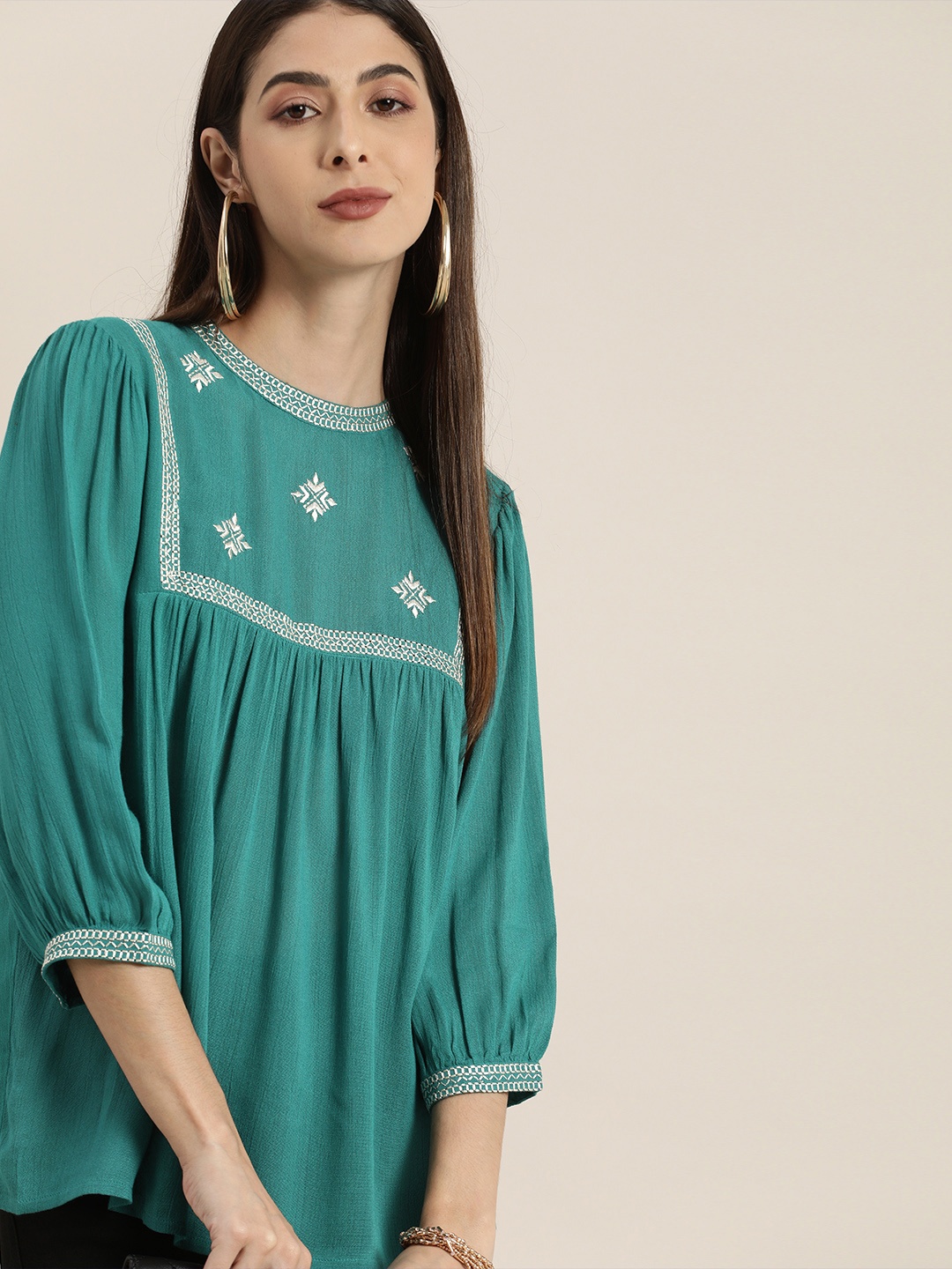 

all about you Women Blue & White Embroidered Regular Top