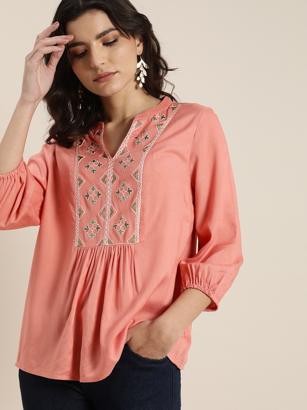 

all about you Women Peach & Green Embroidered Regular Top