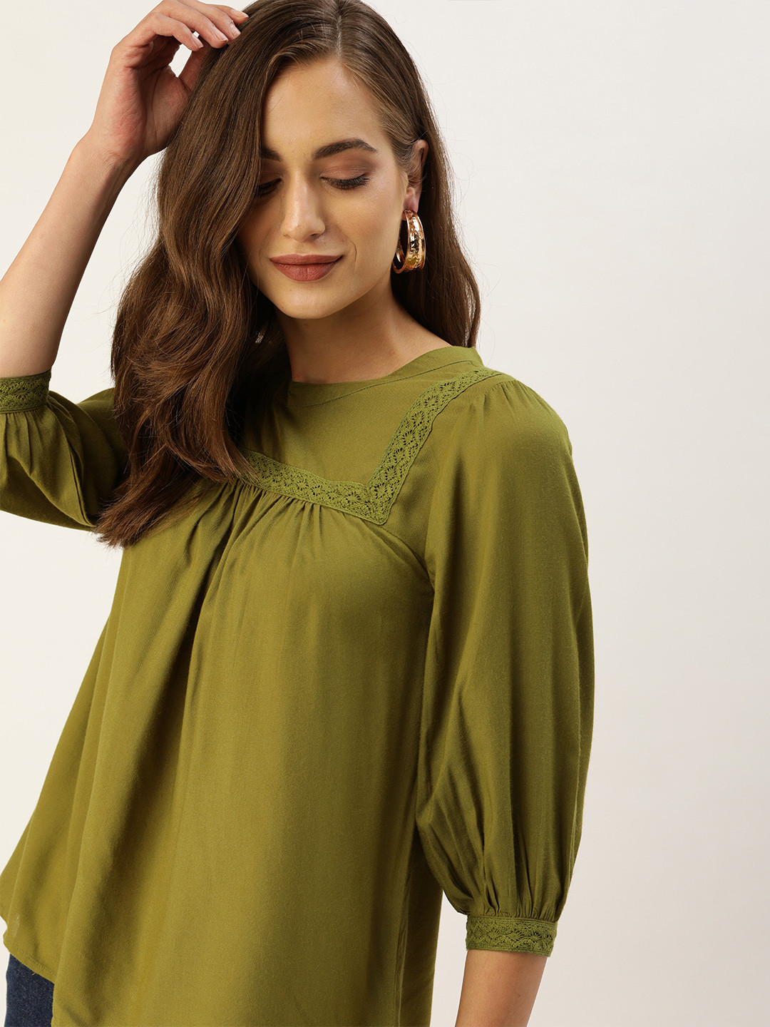 

all about you Olive Puff Sleeve Regular Top