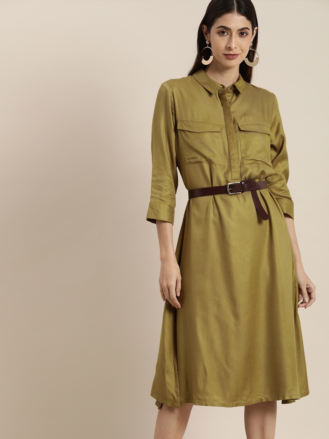 

all about you Women Olive Green Solid Shirt Dress